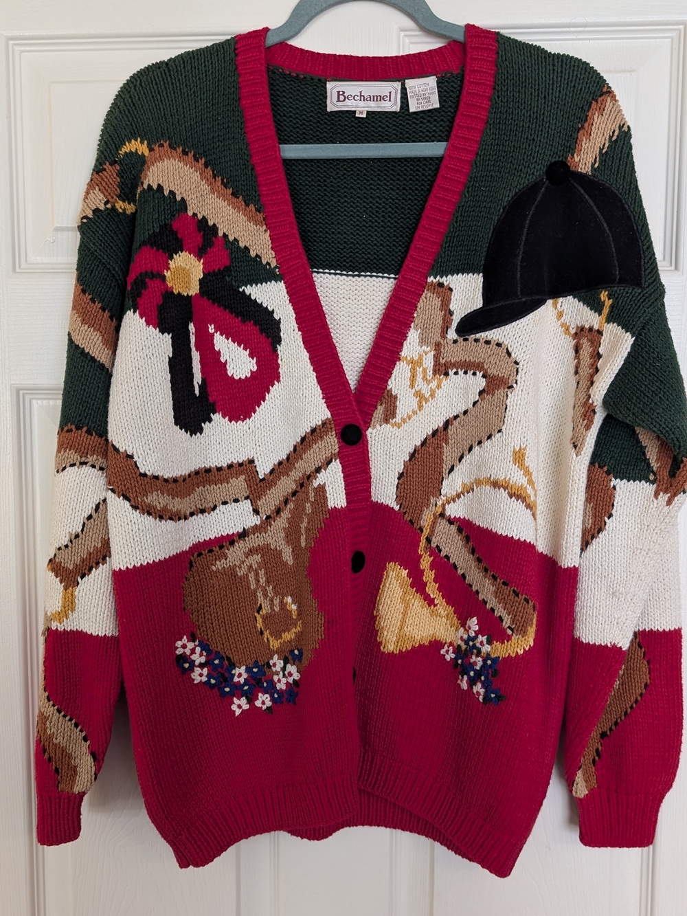 Vintage Bechamel Red, White & Green Equestrian Themed Knit V-Neck Cardigan